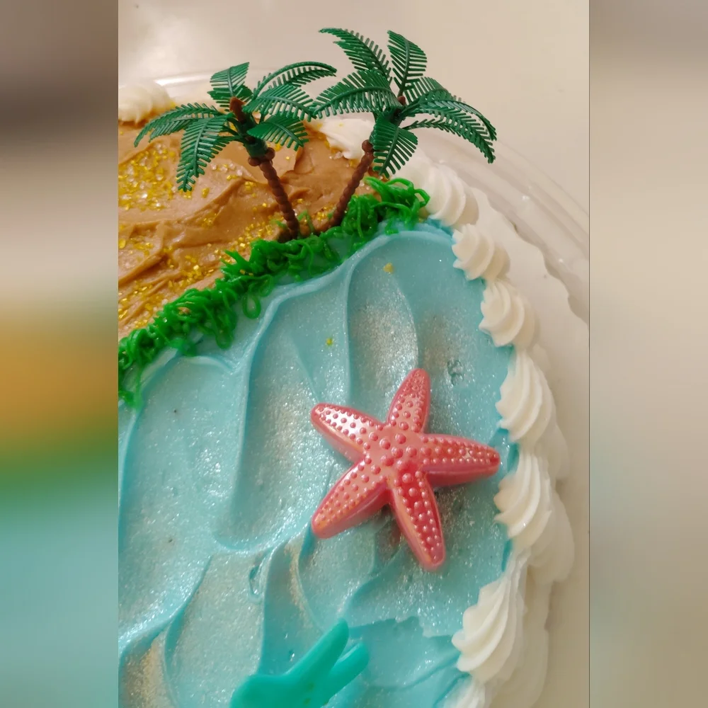 🆕Beach Theme Cake Topper Set with🩷Pink Starfishs &🌴Palm Trees, plus Carrier.